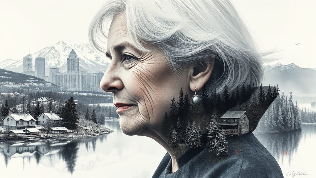 Double Exposure: Woman Merging with Winter Landscape