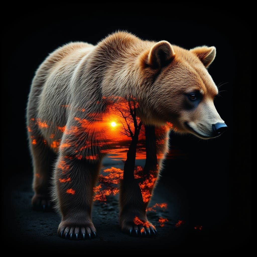 Hyperrealistic Bear in Bioluminescent Double Exposure