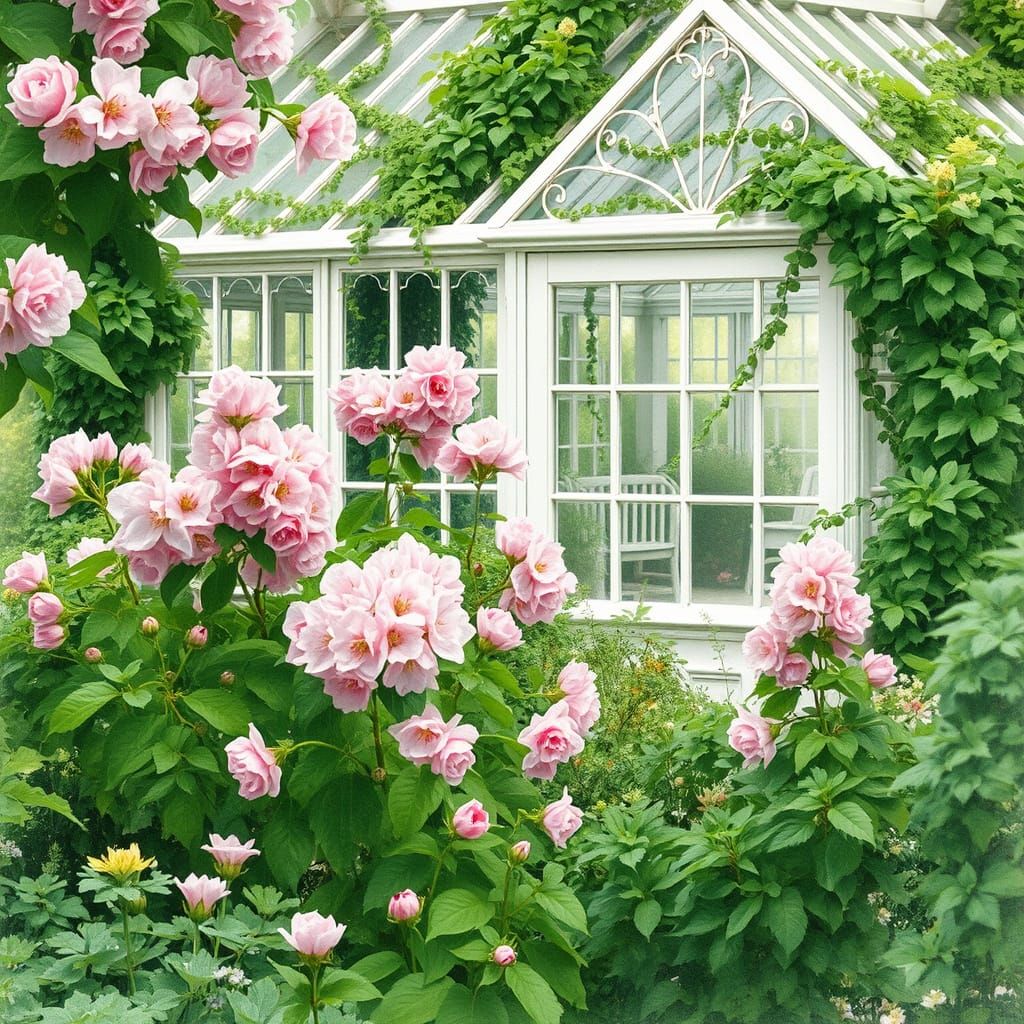 Victorian Greenhouse with Sakura, Watercolour Aesthetic