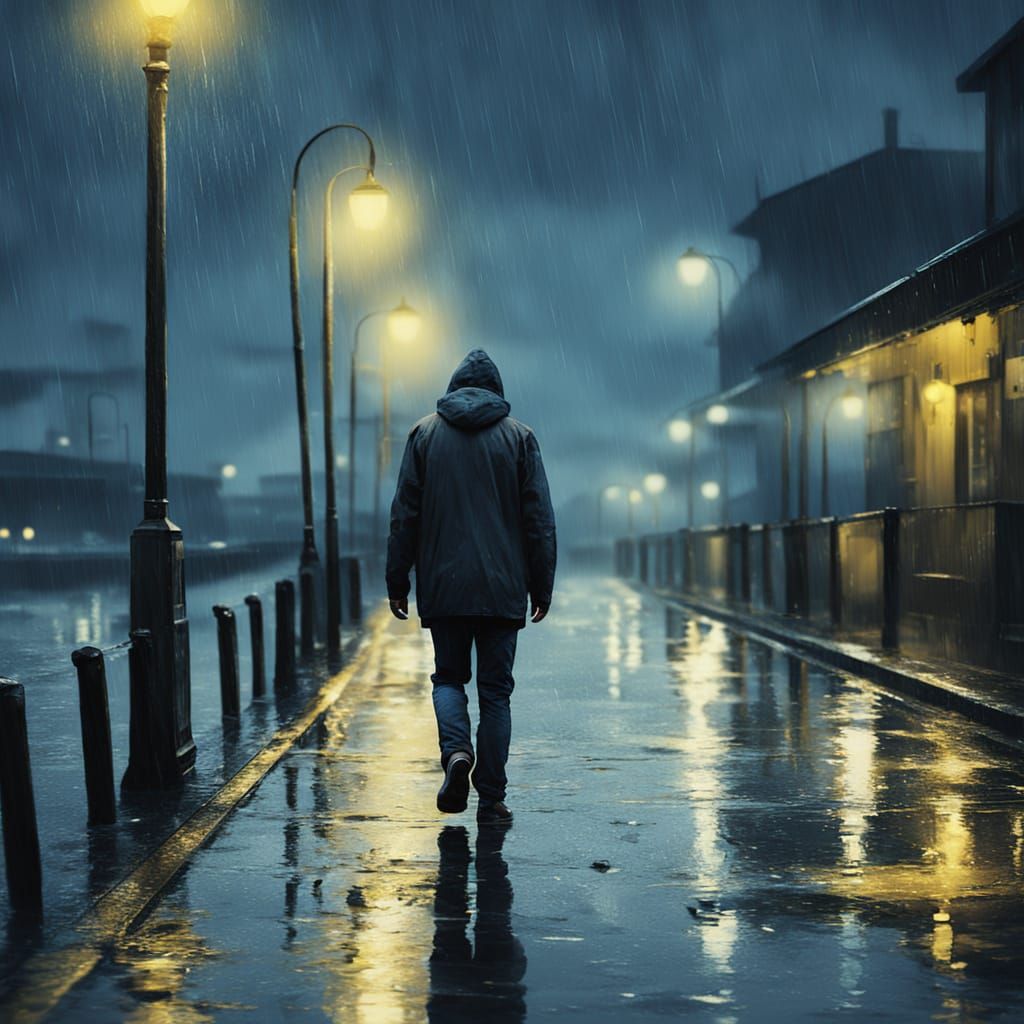 Gloomy Seaport Evening Digital Painting with Moody Film Grai...