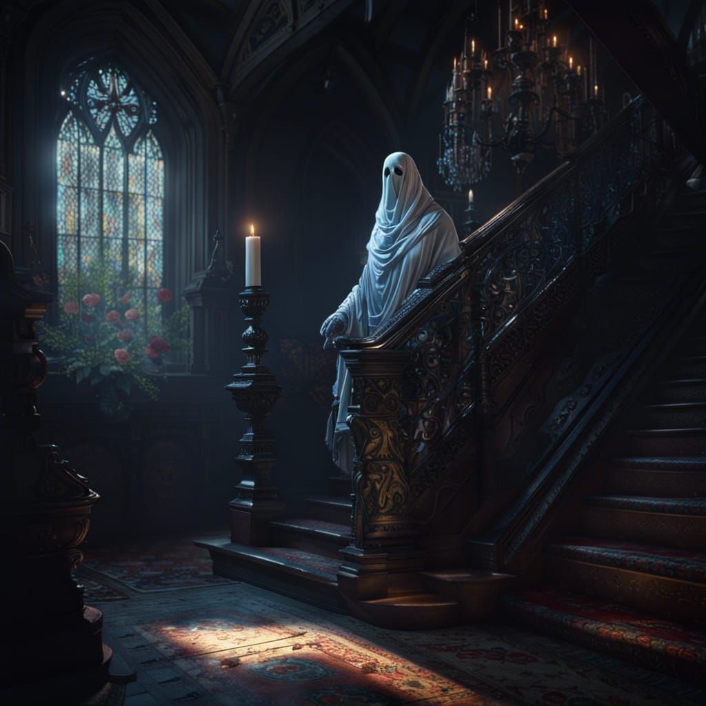 Ghostly Figure in Scottish Manor: Dark Fantasy Art