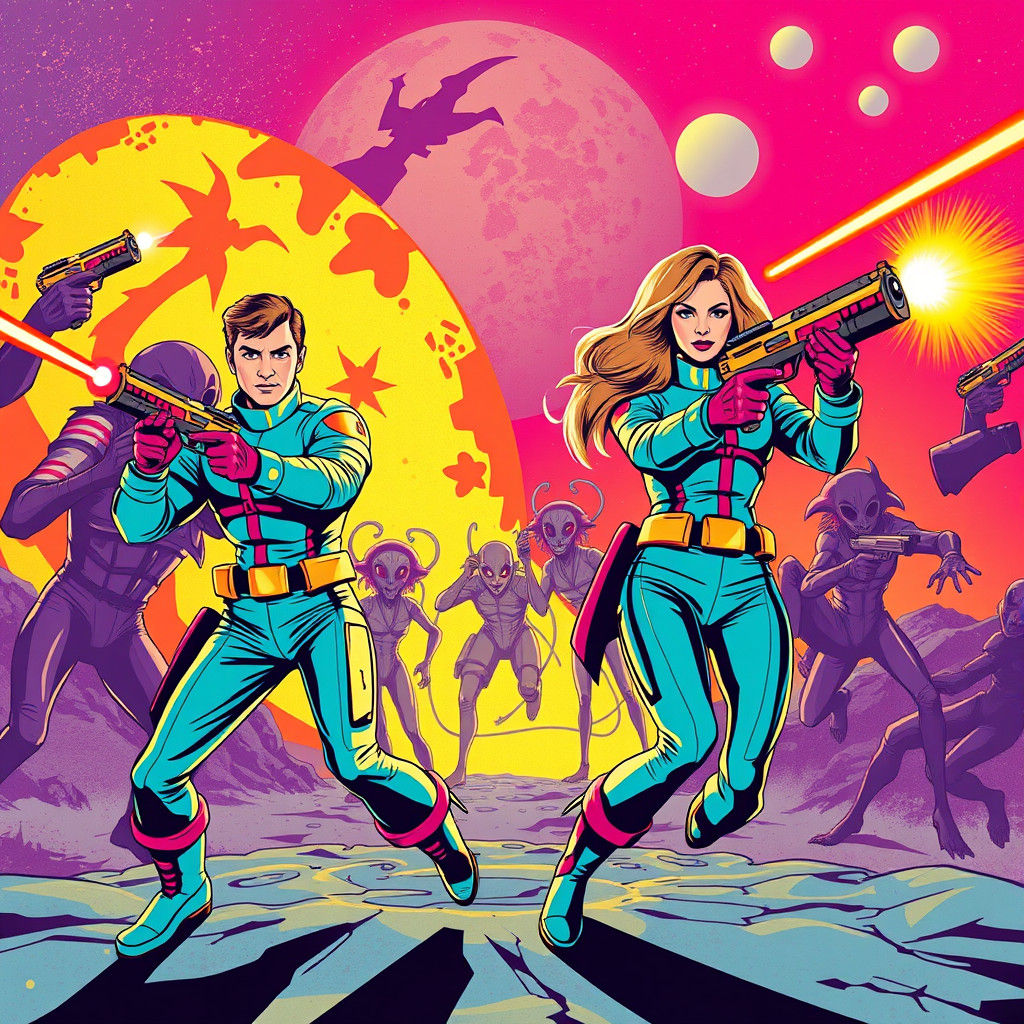Retro Pop Art Sci-Fi Battle with Heroes