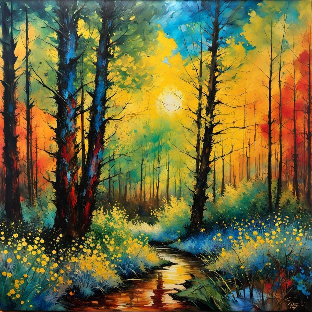 Chaotic Sunset Illuminates Forest: Encaustic Painting
