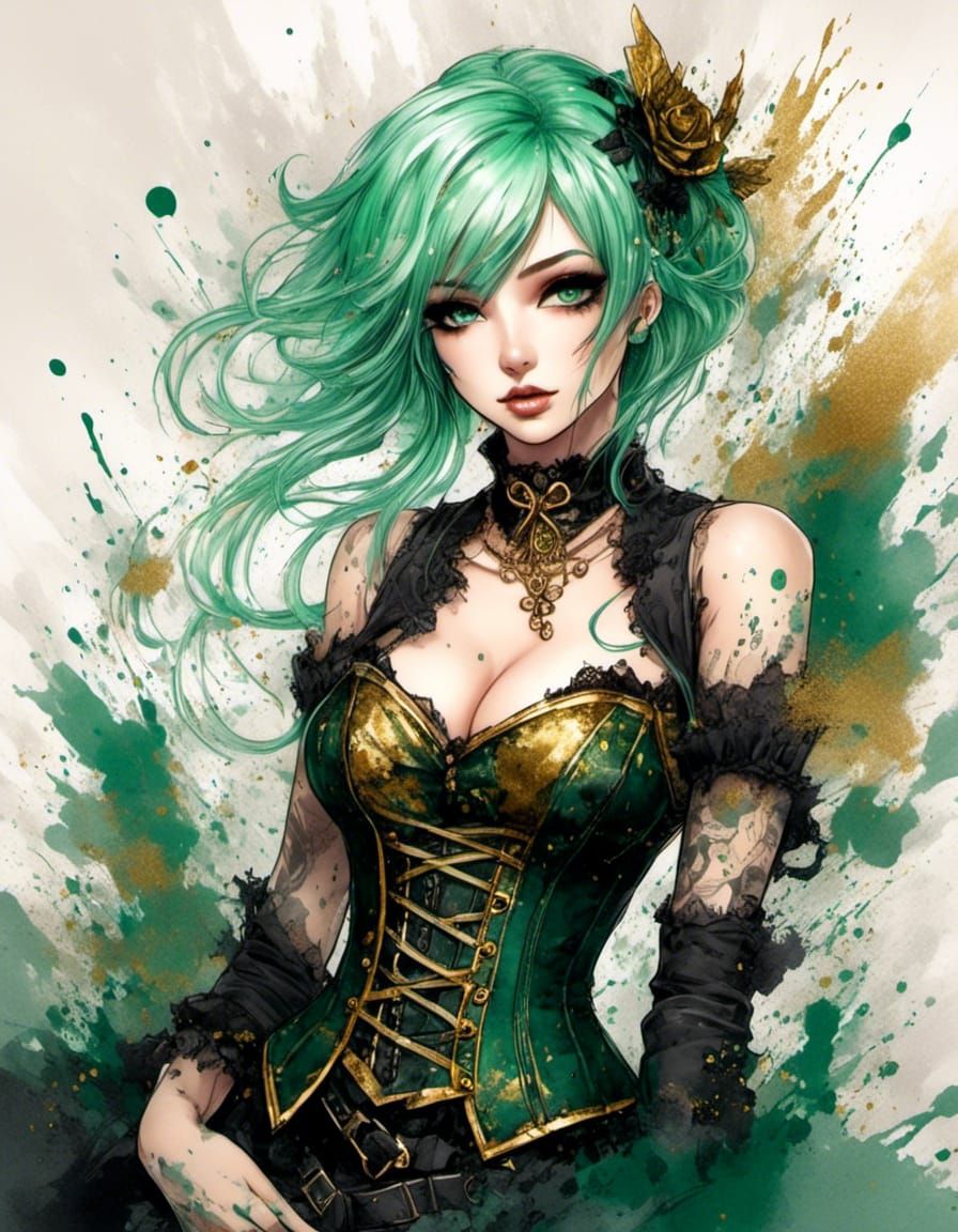 Anime Corset in Ink Splatter Watercolor Style