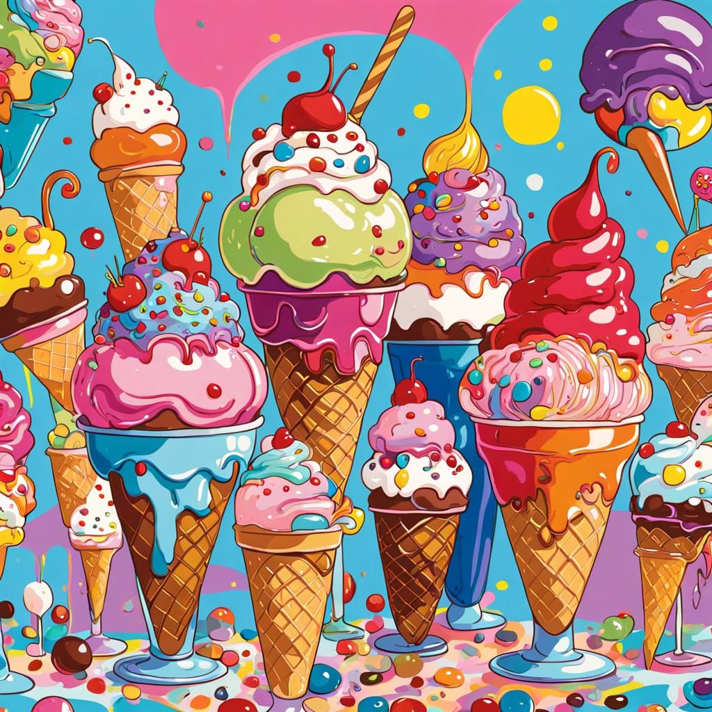 Vibrant Ice Cream Scene in Pop Surrealist Style