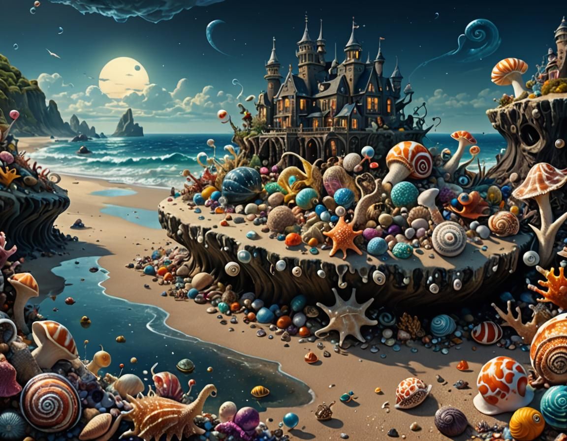 Surreal Shore Landscape with Exotic Sea Creatures