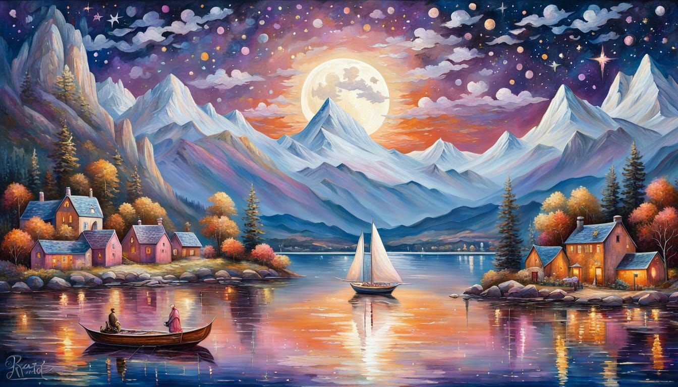 Magical Oil Painting of a Harbor Village at Night
