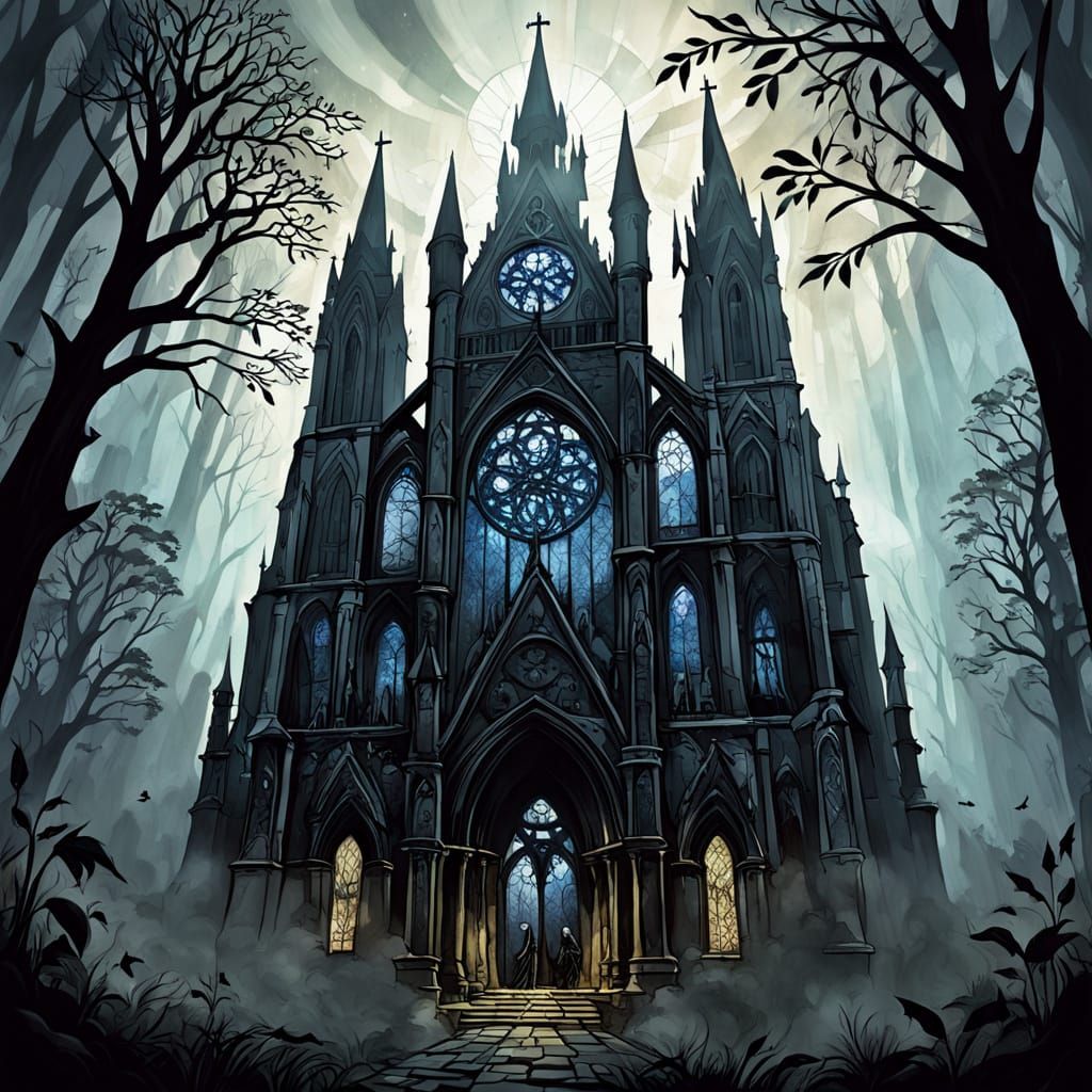 Gothic Cathedral in Mist: A Dark Fantasy Illustration