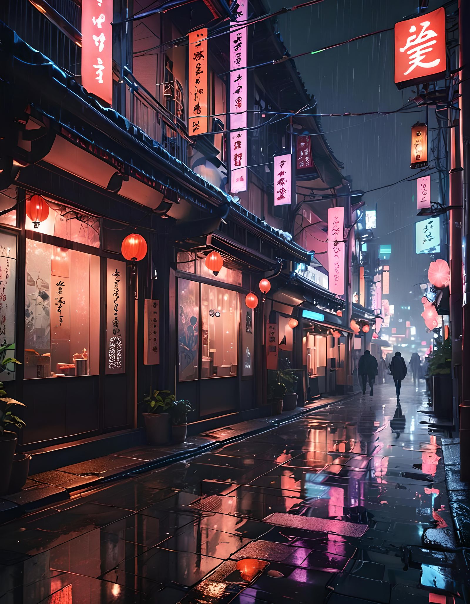 Magical Neon Japanese Street at Night in Digital Art Style