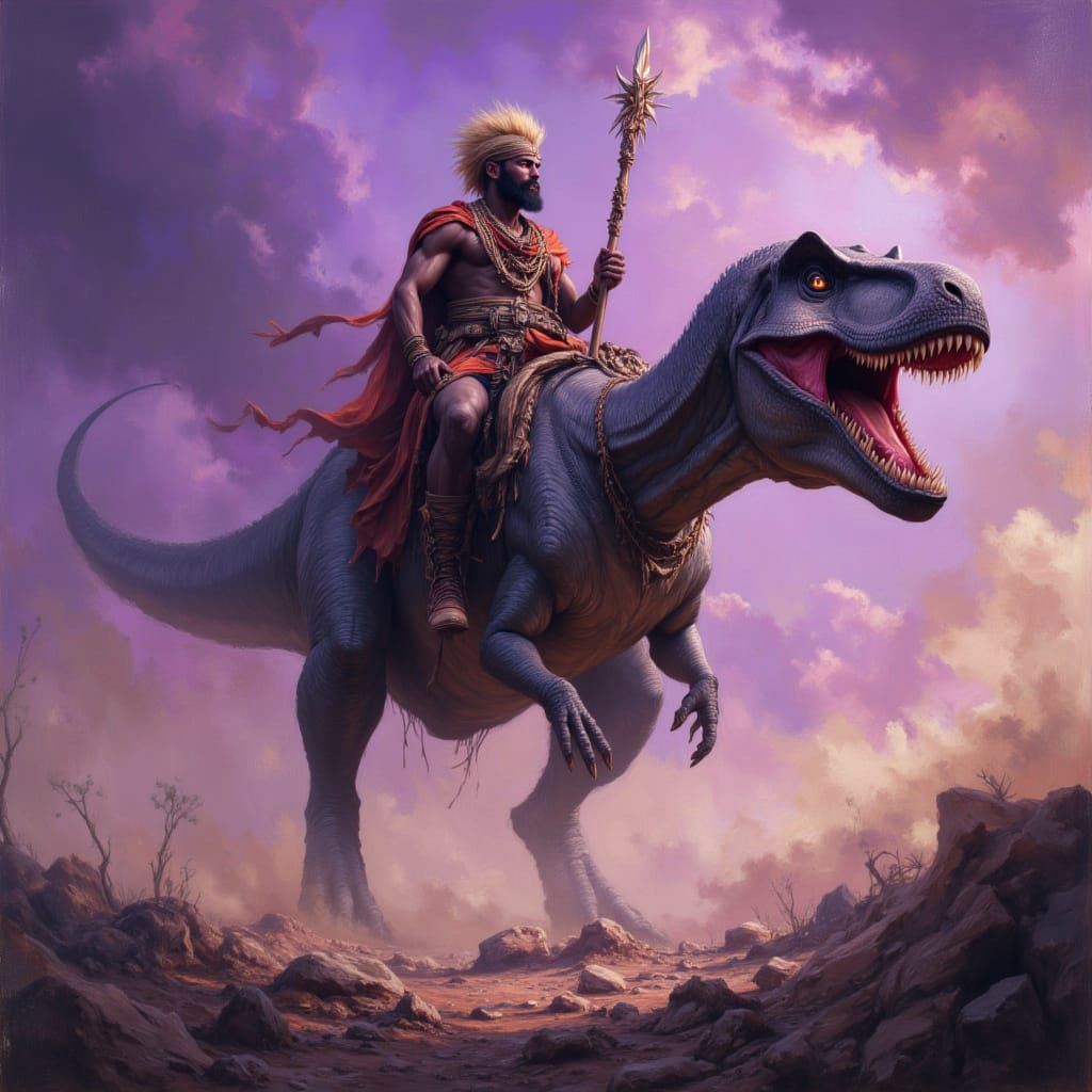 Ancient King Rides T-Rex in Post-Apocalyptic Wasteland