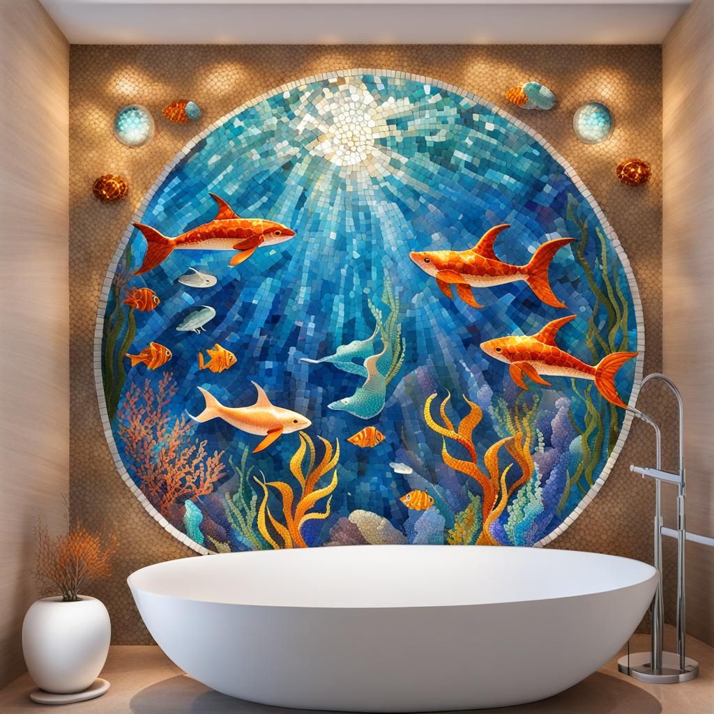 Underwater Mosaic Art with Vibrant Sea Life