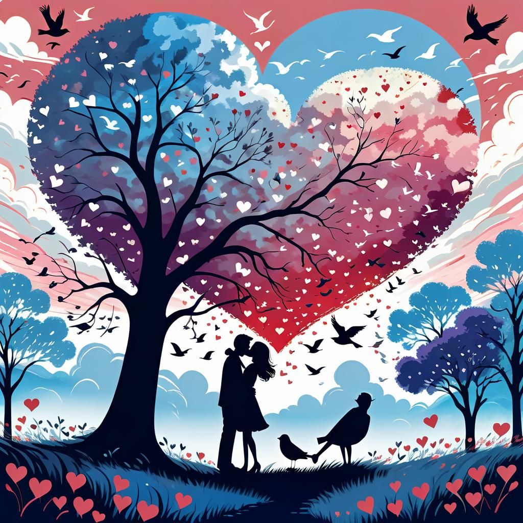 Romantic Kiss Under Heart Tree, Line Art Style