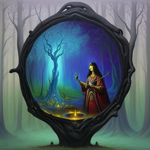 Mystic Gazing at Ethereal Portal: Surreal Scene