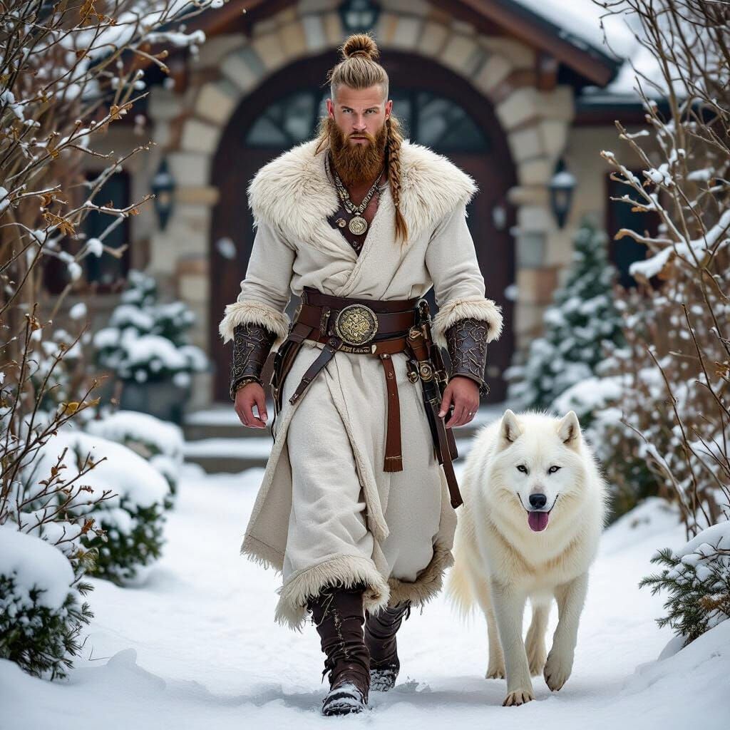 Viking Man with Wolf in Snowy Garden