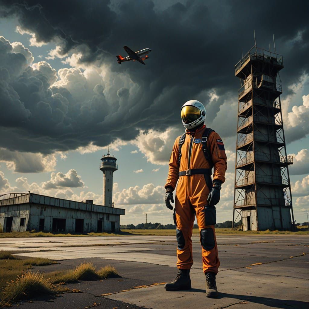 Vibrant Skydiver Stands on Abandoned Airport Tarmac