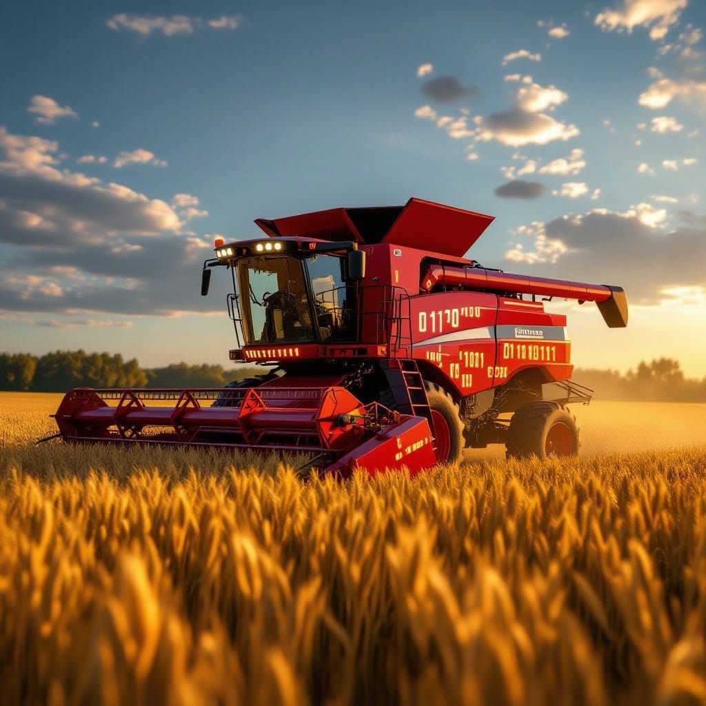 Binary Code Harvester in Golden Field, Retro-Futuristic Styl...