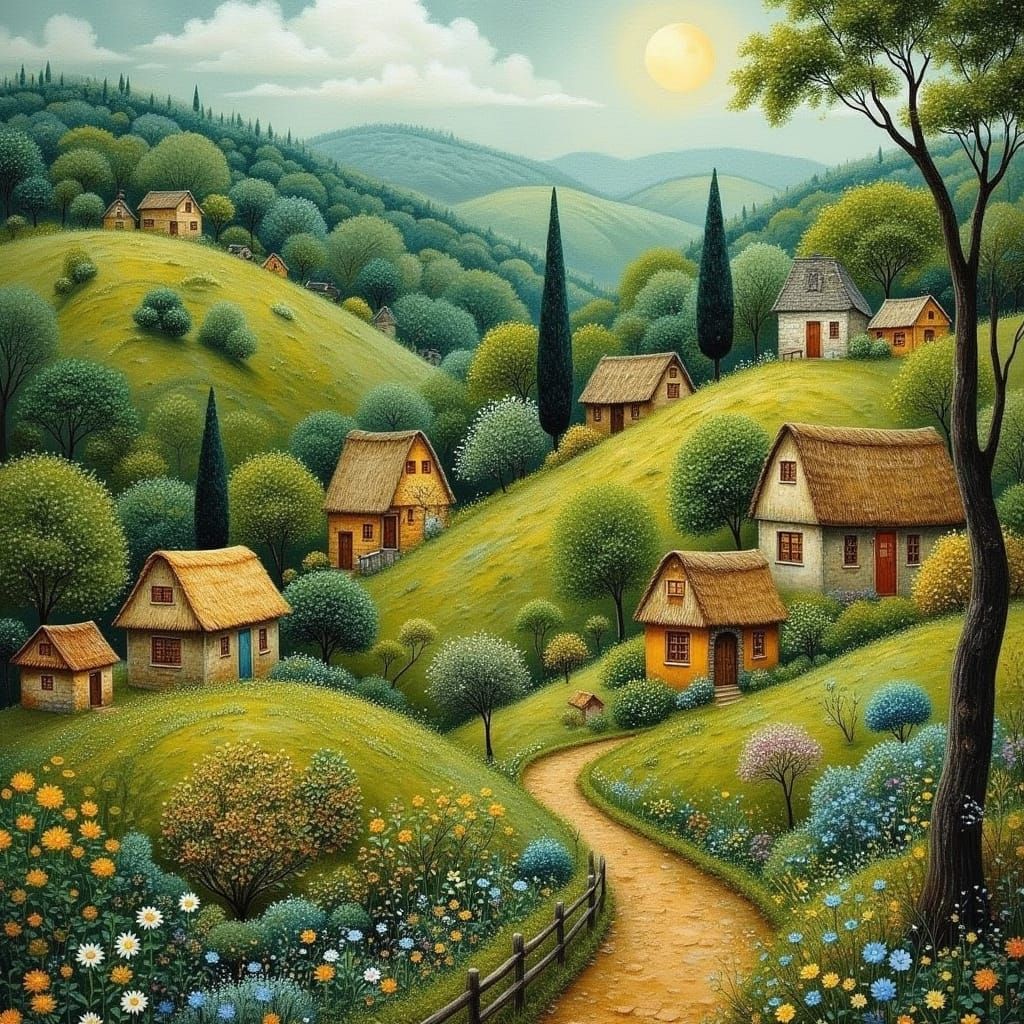 Dreamlike Village Scene in Whimsical Folk Art Style