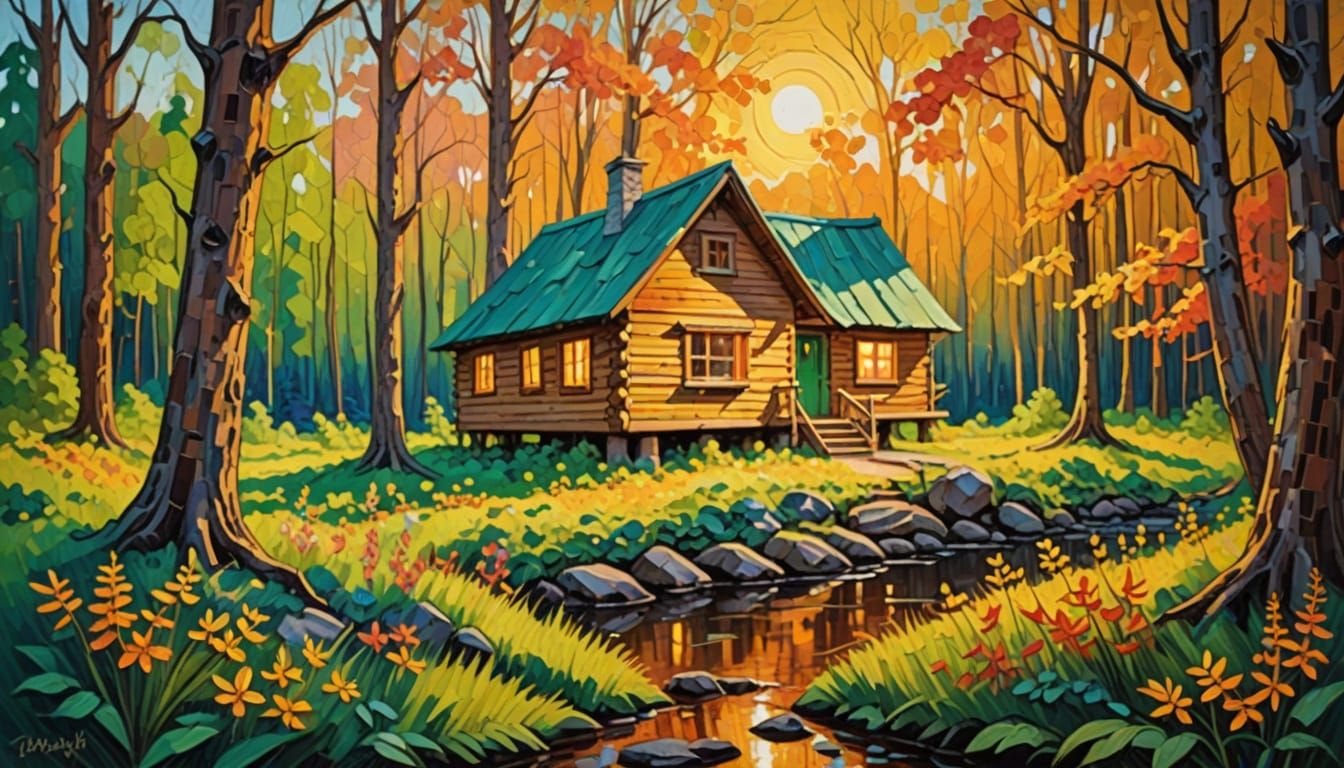 Golden Hour in a Rustic Forest Cabin