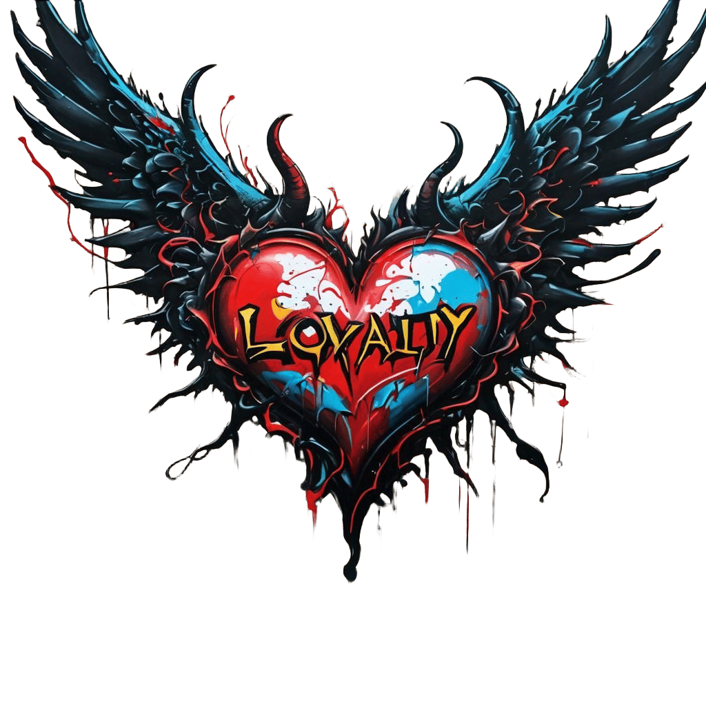 Winged Demon Heart Graffiti Art with Loyalty Slogan