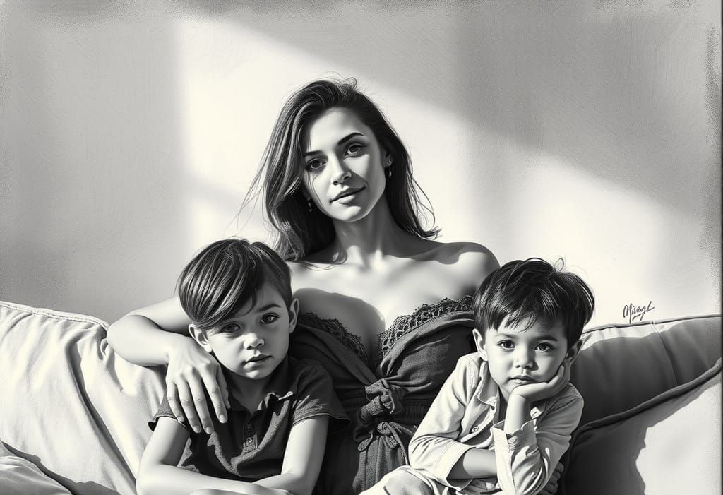 A Serene Family Moment in Charcoal Drawing