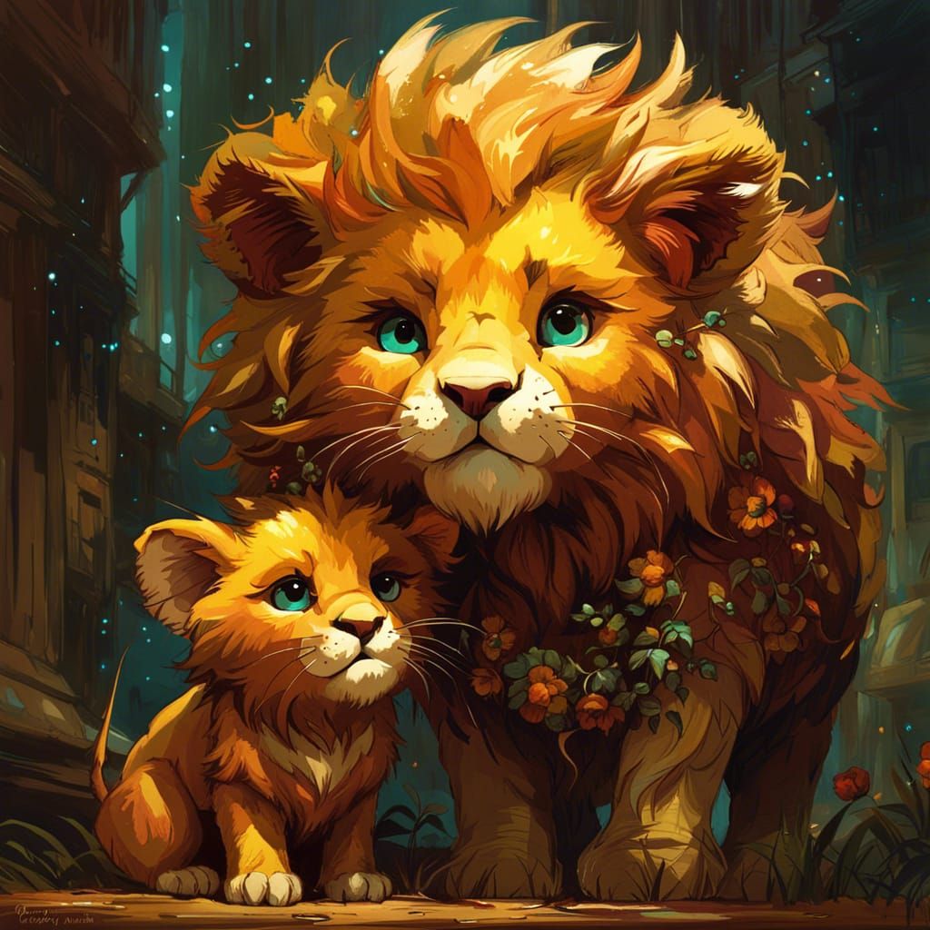 Adorable Chibi Lion Cub and Mother, Detailed 3D Art