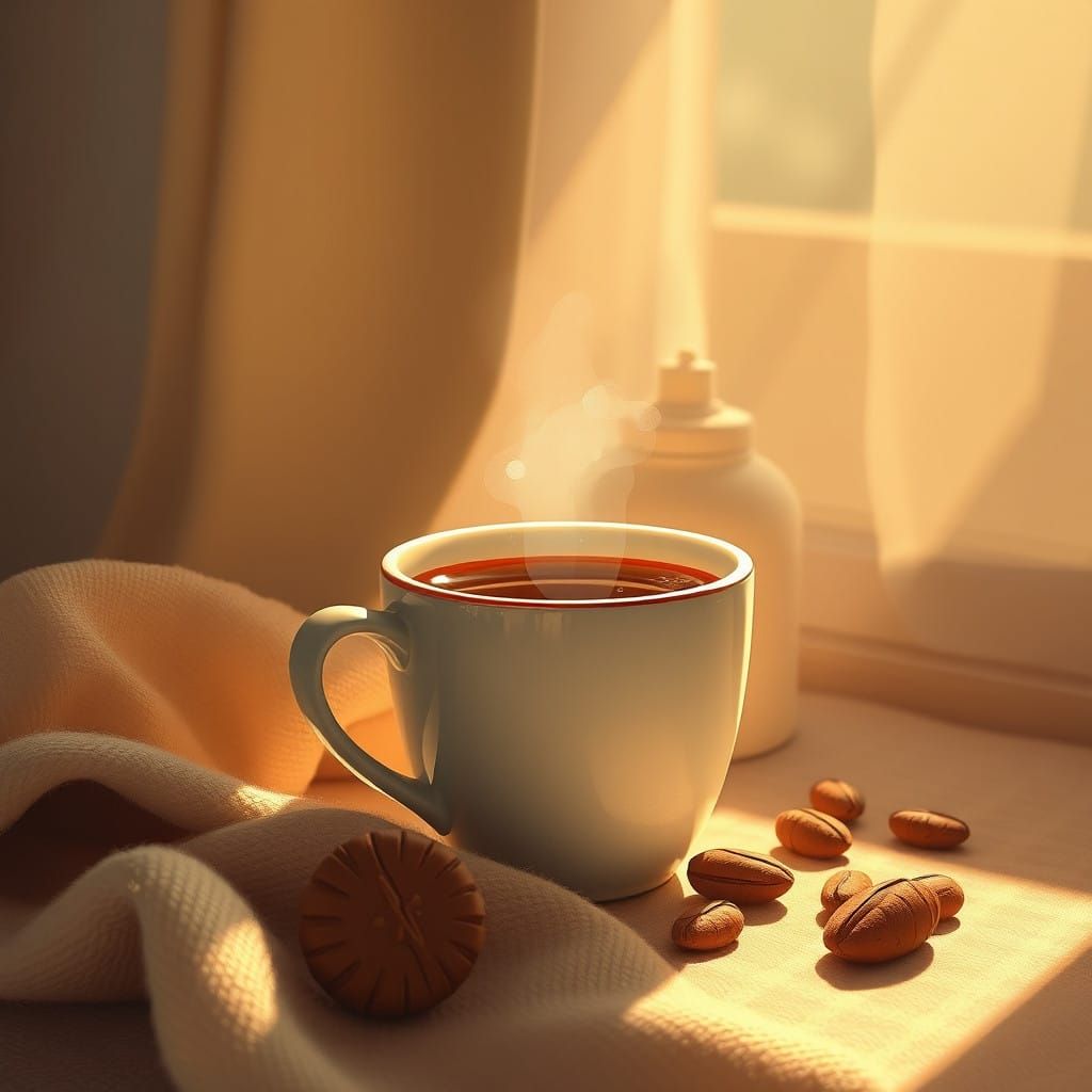 Steaming Coffee in Cozy Morning Light, in Cyberpunk Digital...