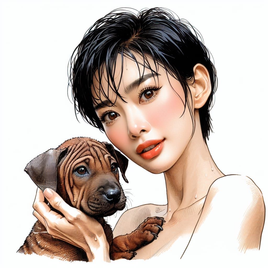 Thai Woman and Dog: Manga-Style Portrait