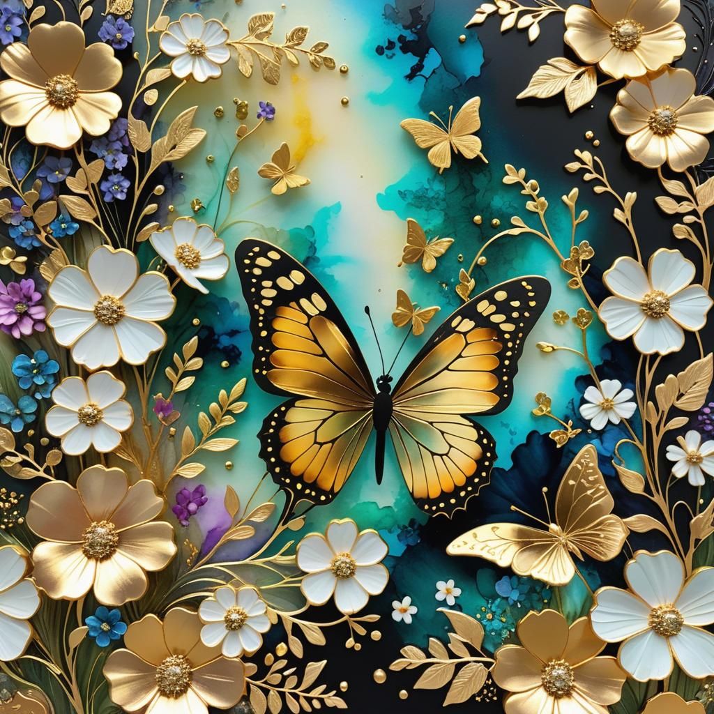 Lush Garden Butterfly with Metallic Outlines