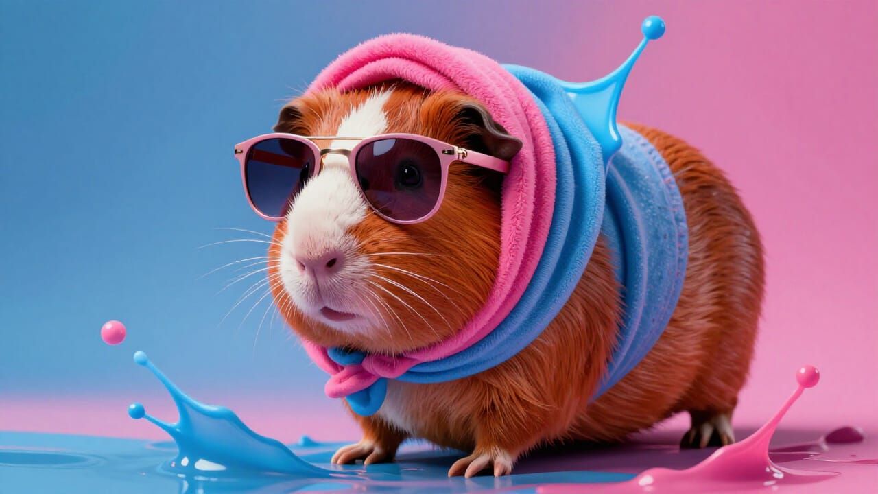 Capybara with Pink and Blue Punk Wig and Sunglasses