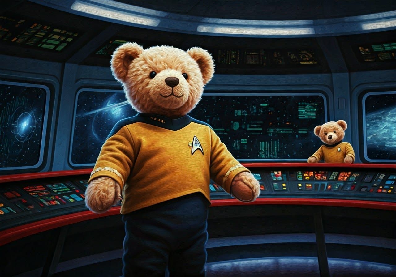Teddy Bears on Starship Bridge as Oil Painting