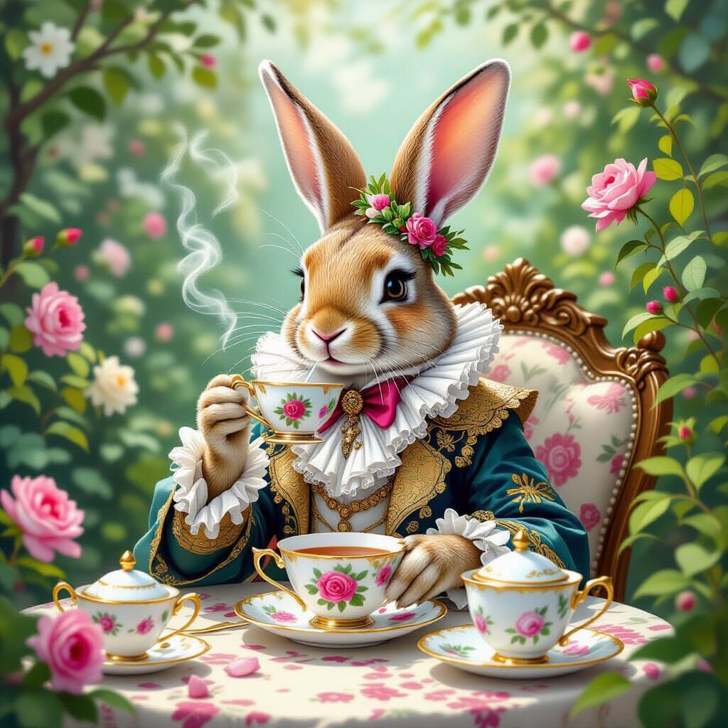 Whimsical Rabbit's Mad Tea Party in Lush Garden