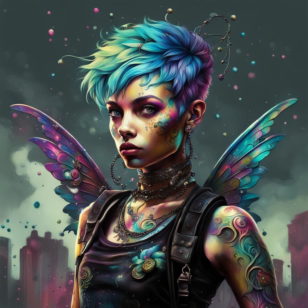 Punk Pixie Fairy with Art Nouveau Wings