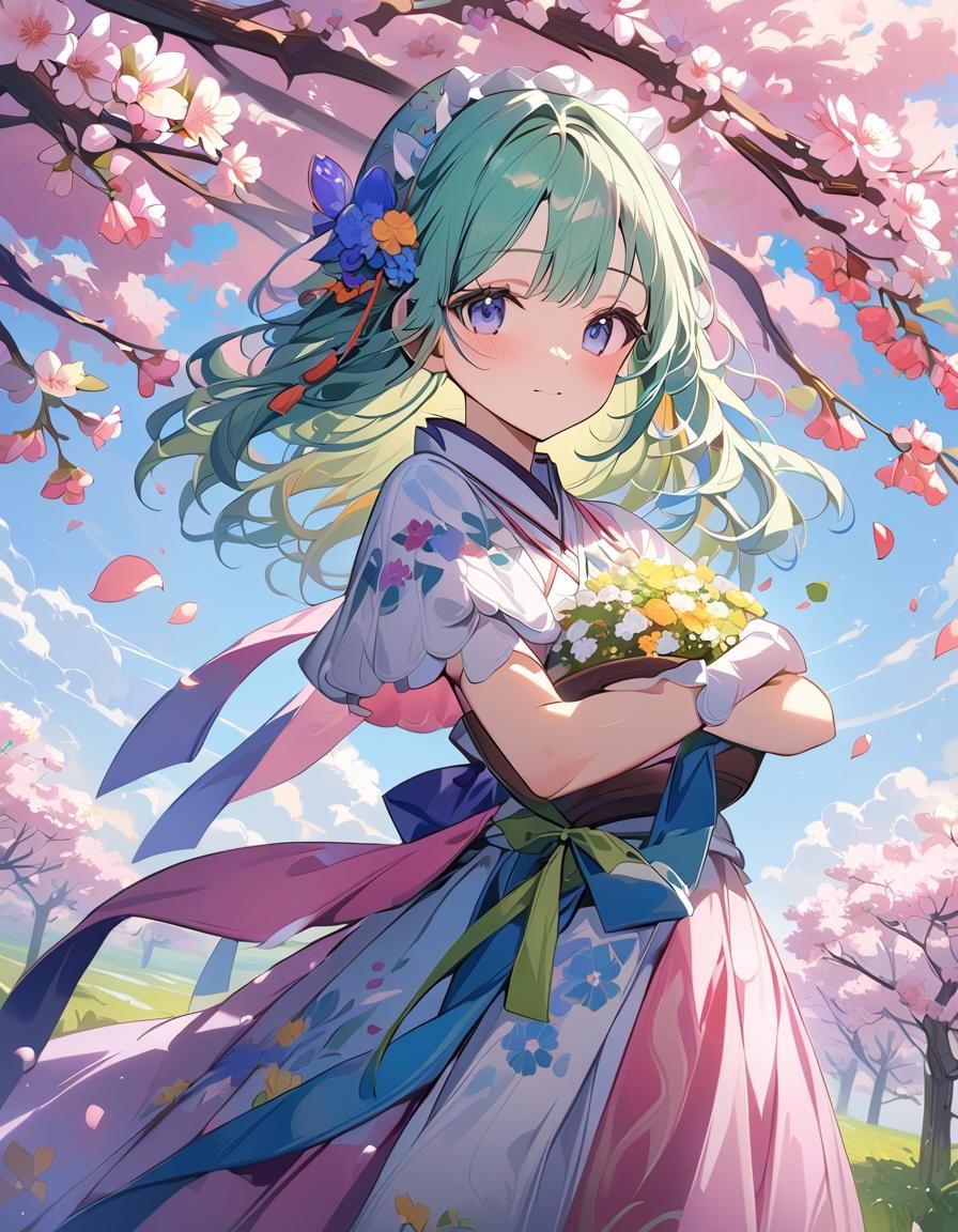 Girl of Blooming Flowers in Anime Style