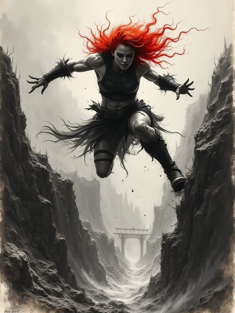 Red-Haired Barbarian Warrior Leaping Chasm in Charcoal Sketc...
