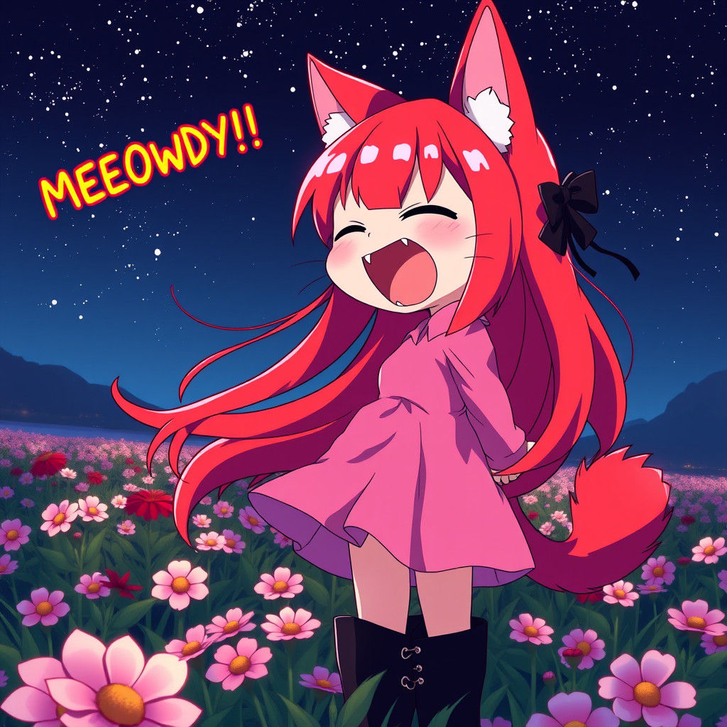 Anime Catgirl Shouts in a Flowery Field under a Starry Night...