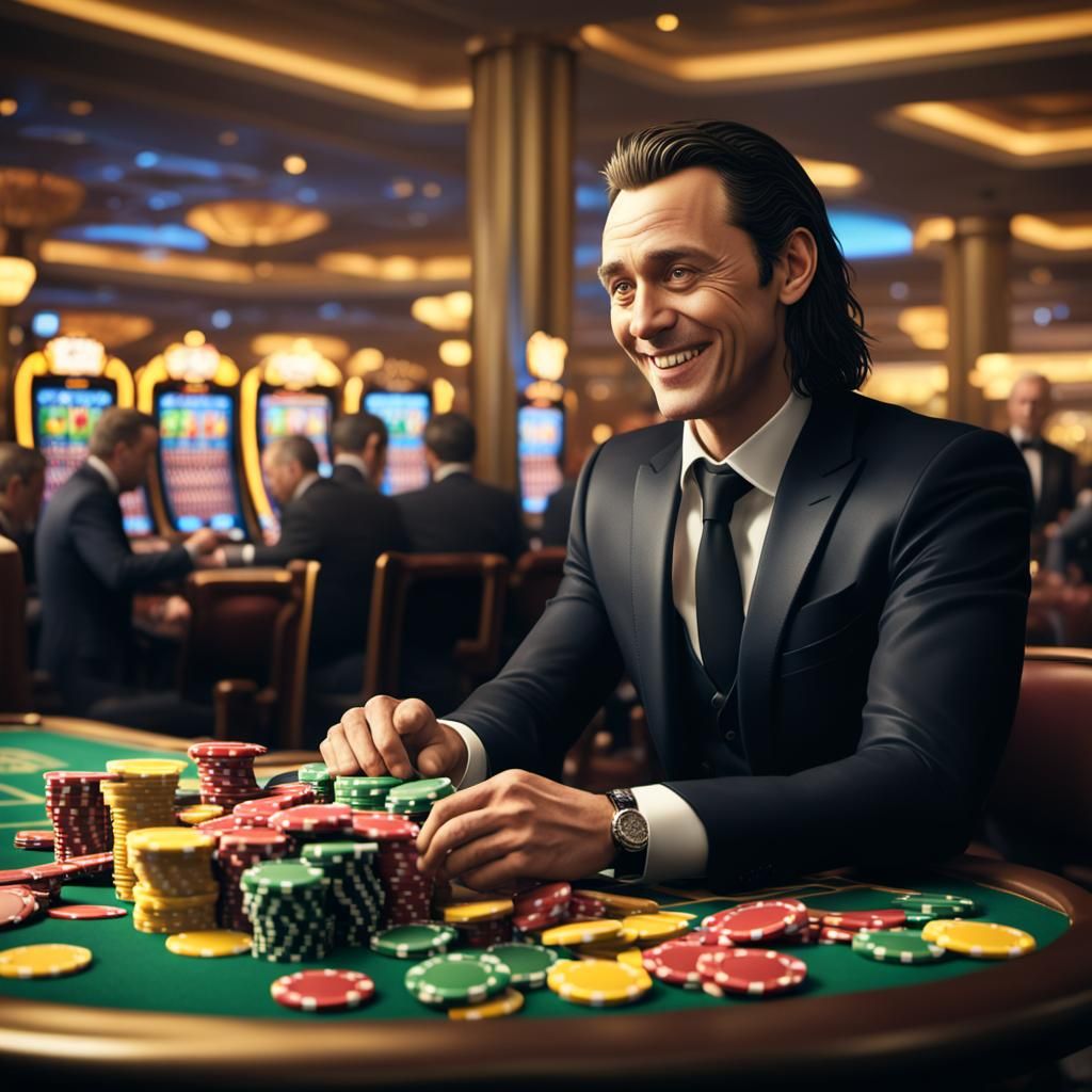 Loki in Black Suit at Casino Table in Hyperrealism