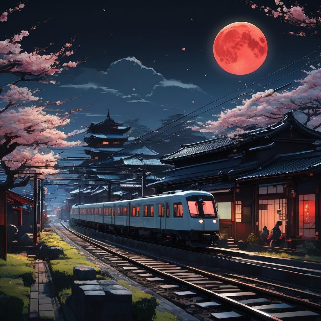 Futuristic Train Glides Past Japanese Houses Under Red Moon