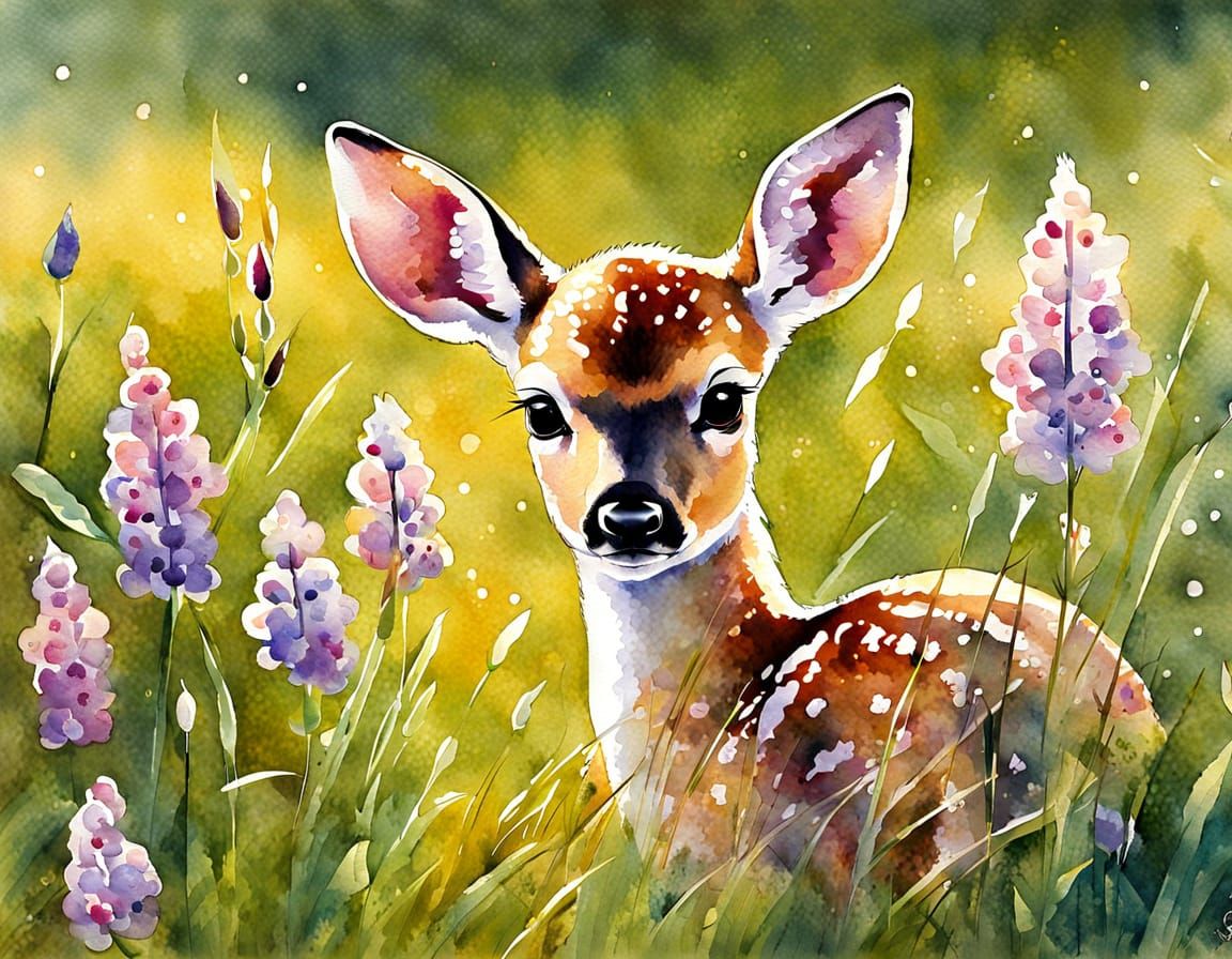 Impressionist Watercolor Fawn in Floral Meadow