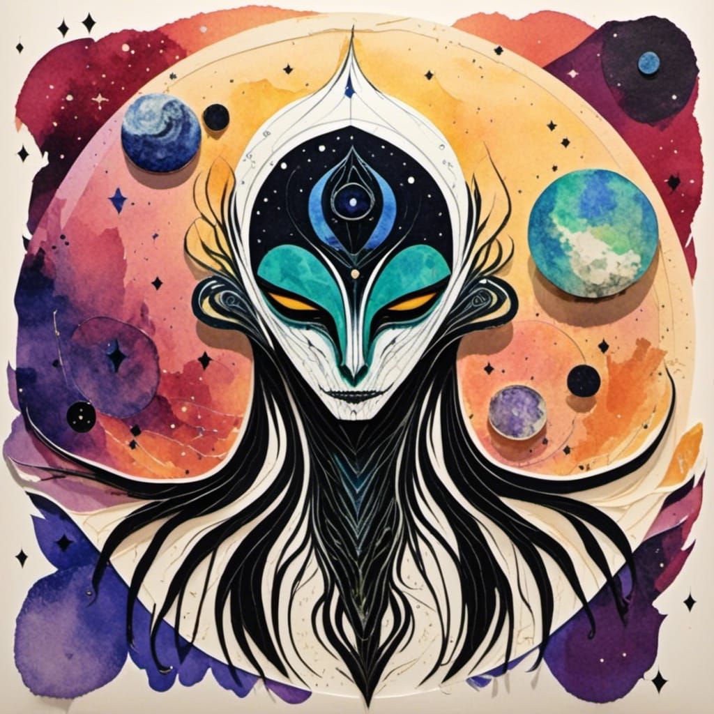 Alien Silhouette Papercut Collage in Watercolor Style