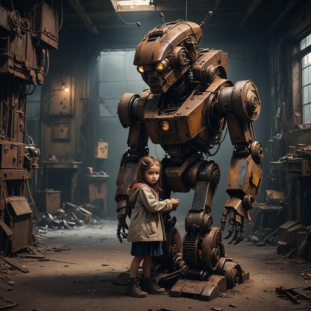 Girl Hugging Robot in Dusty Room: Hyperrealistic Detail
