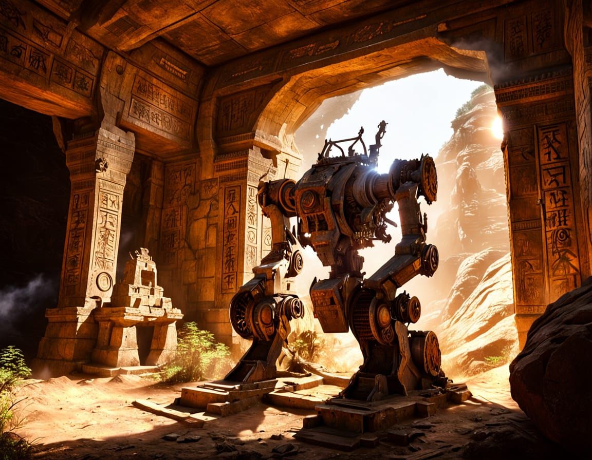 Ancient Mech Worshipping at Ruined Stone Shrine