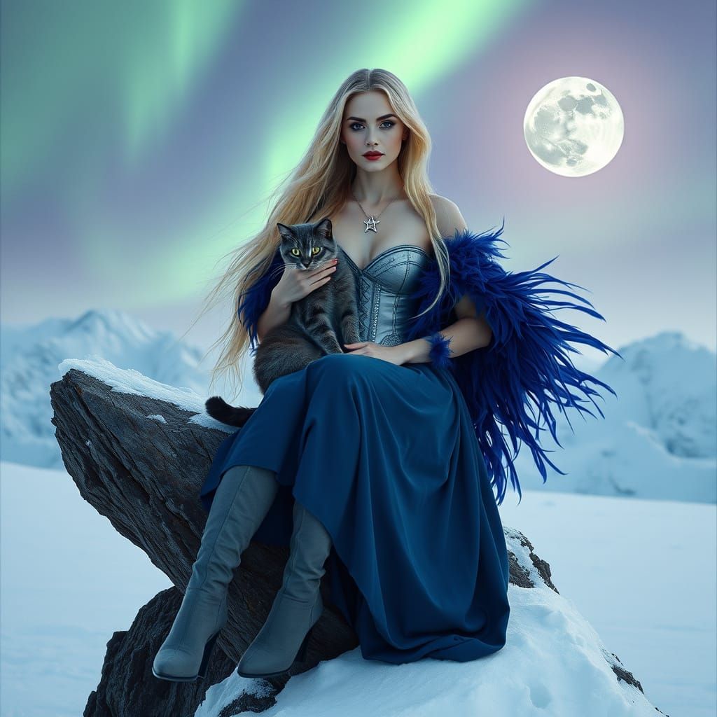 Goddess with Cat in Snowy Aurora Landscape