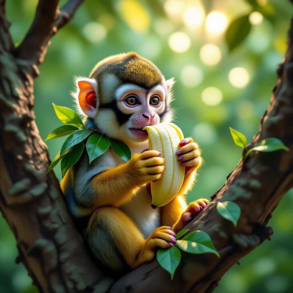 Squirrel Monkey Eating Banana in Hyperrealistic Style