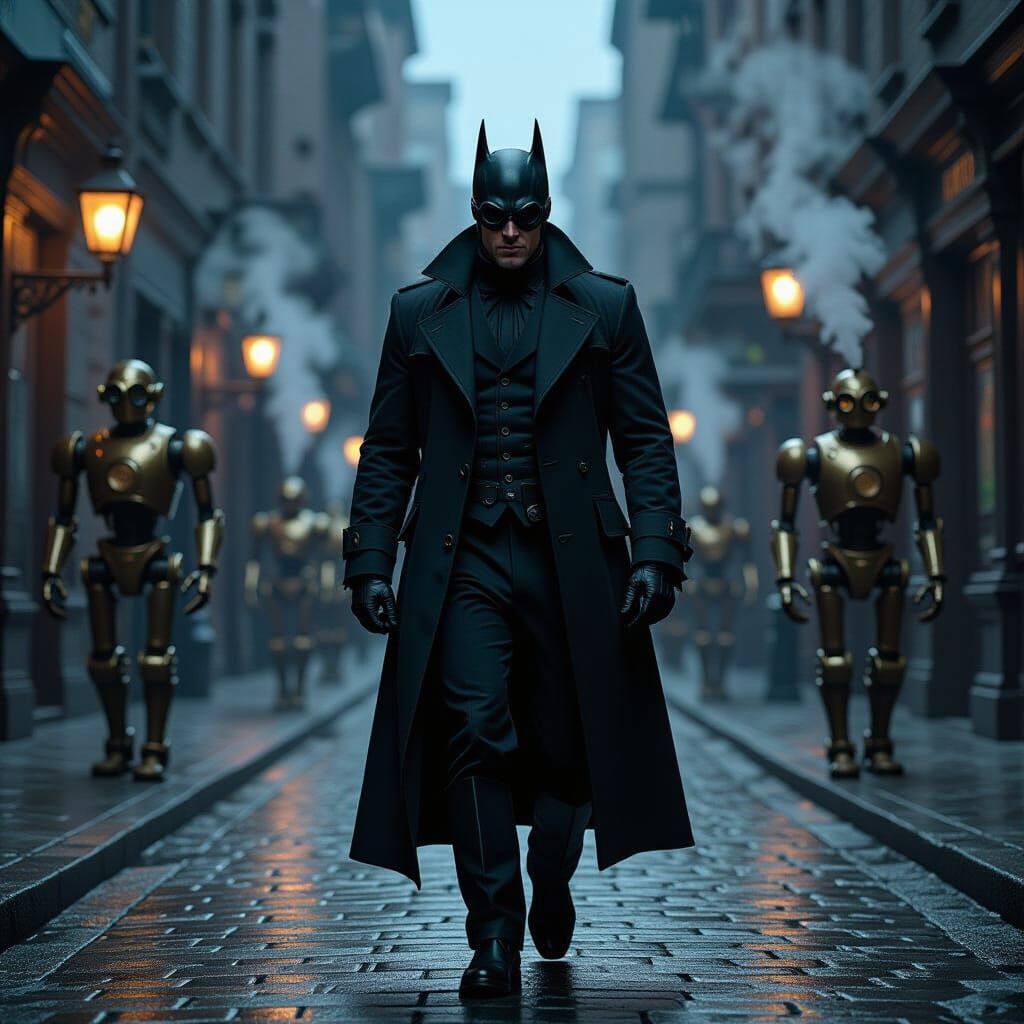 Victorian Batman in Gothic City with Steam Automatons