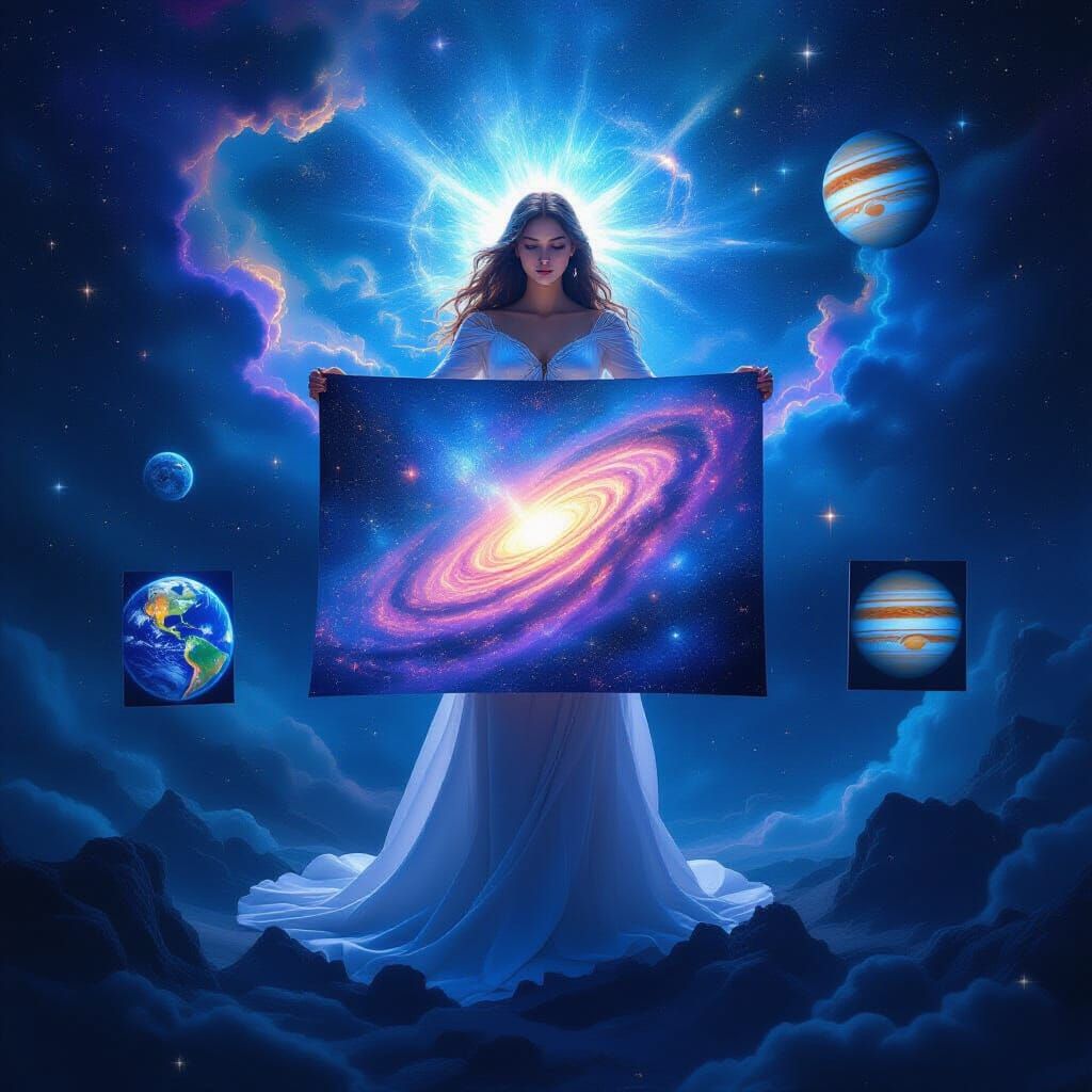 Divine Light Figure Holds Galaxy Poster in Cosmic Void