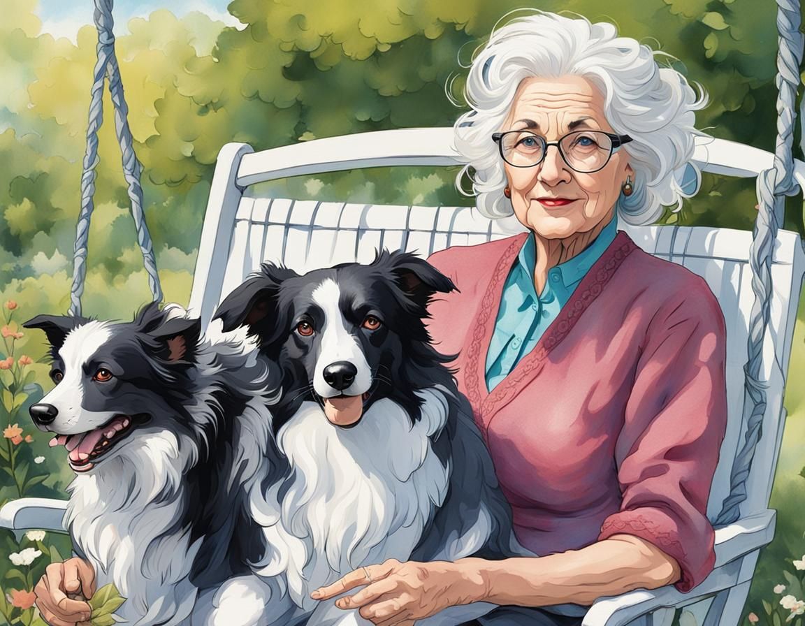 Elegant Woman on Garden Swing With Dog