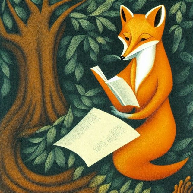 Anthropomorphic Fox Reading Book in Surrealist Style