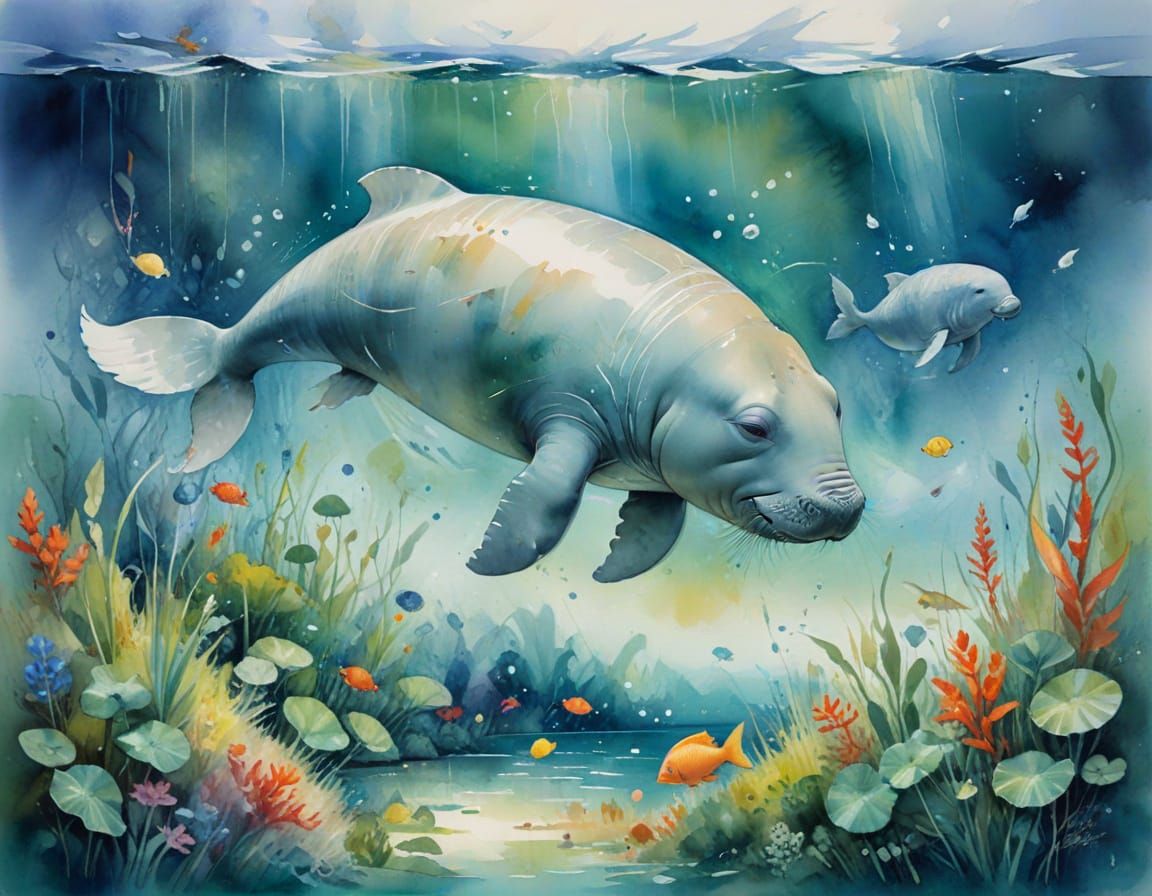 Dugong Grazing in Seagrass: Watercolour and Cinematic Style