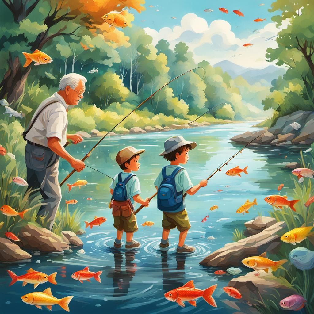 Children Fishing with Grandfather: Gouache Illustration