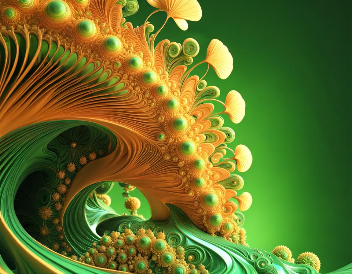 Iridescent 3D Fractal Sculptures in Green and Gold